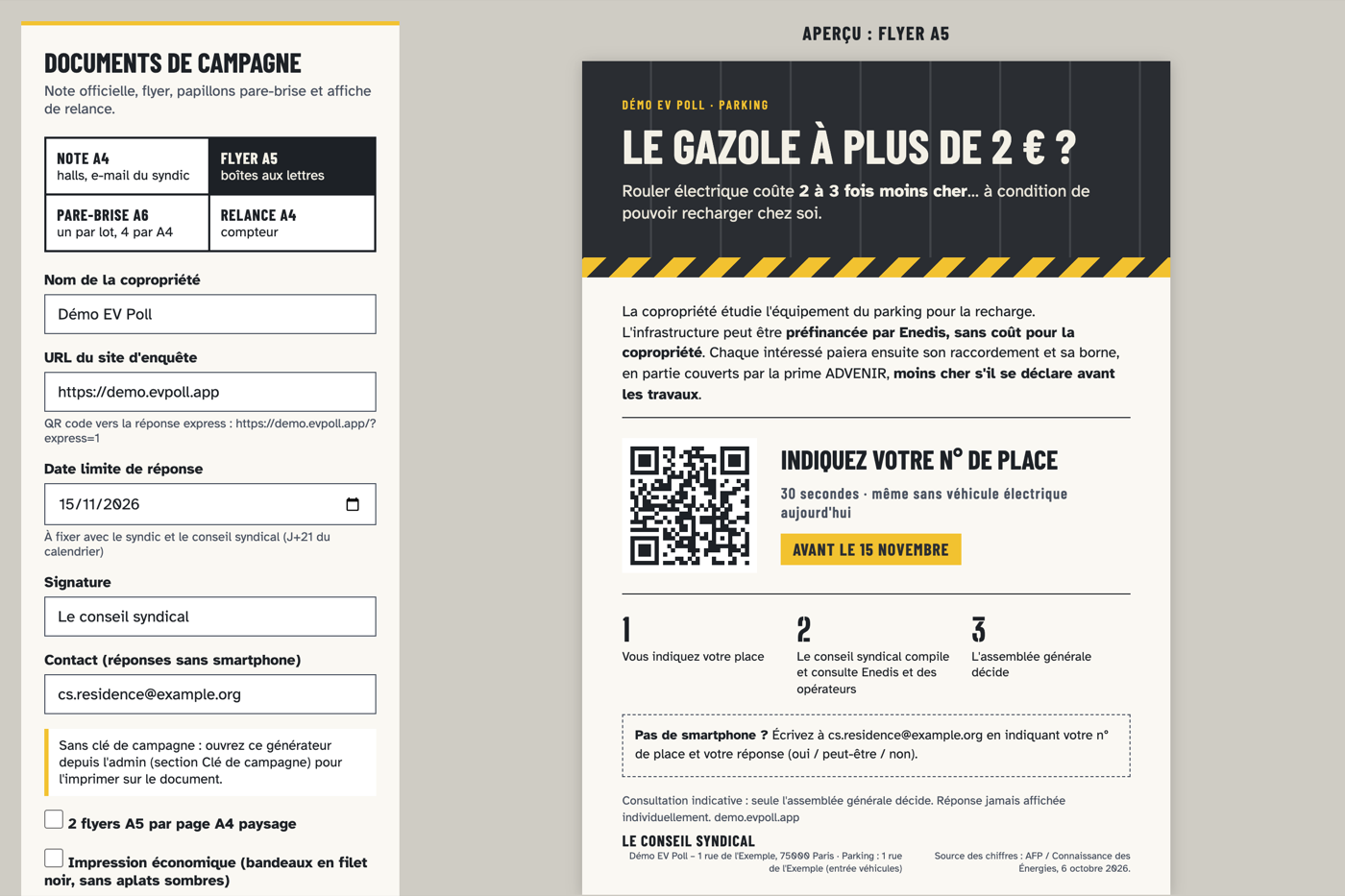 Documents de campagne : générateur et aperçu du flyer A5