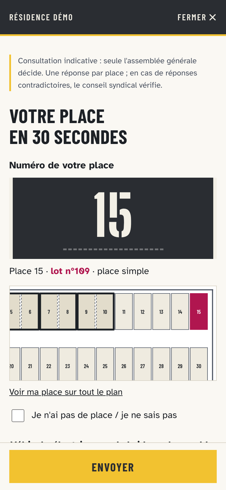 Réponse express sur téléphone : place 15 choisie sur le plan